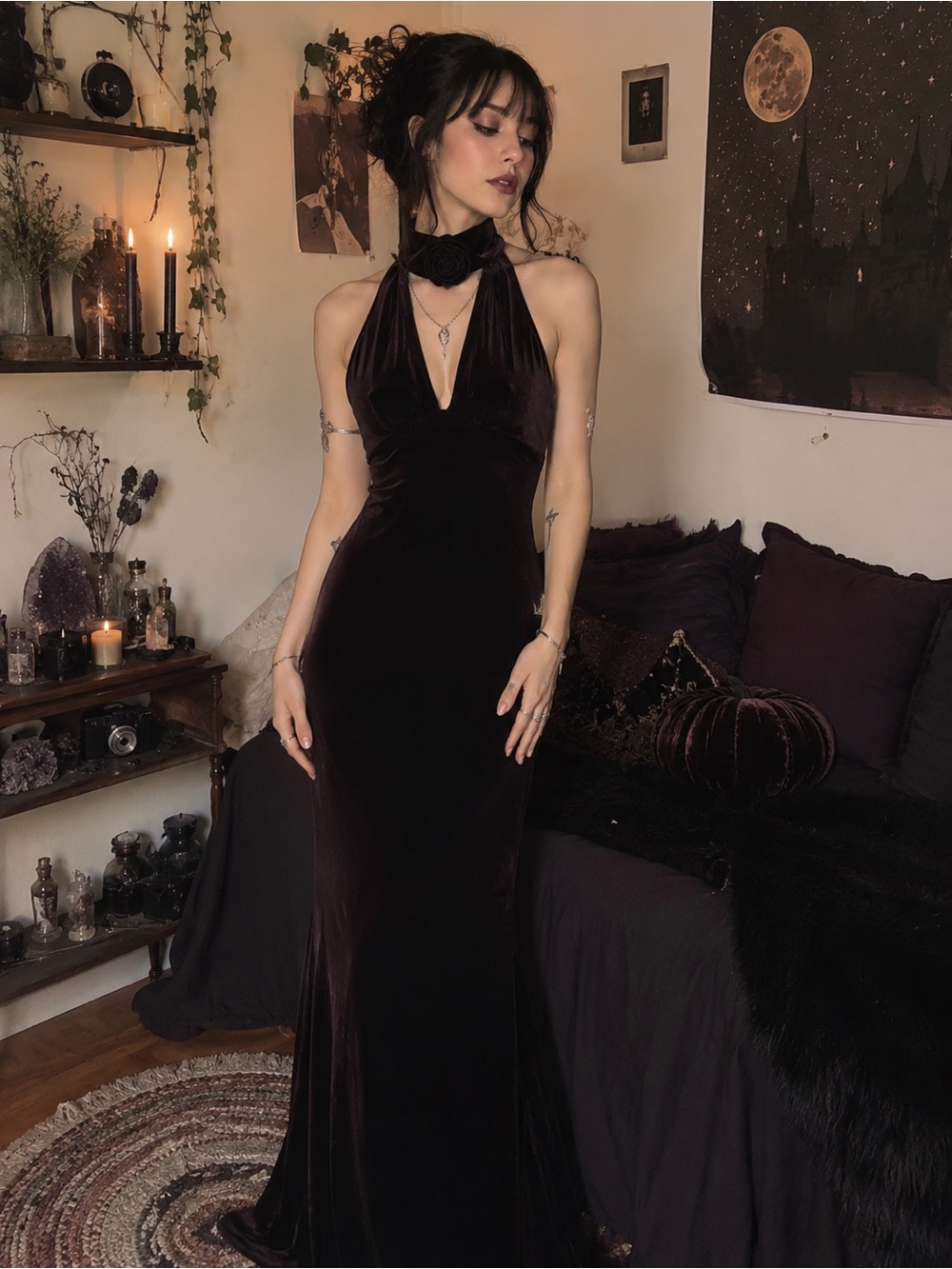 Vintage 90s LIP SERVICE Velvet Maxi Dress Rosette Choker Halter Whimsigoth XS